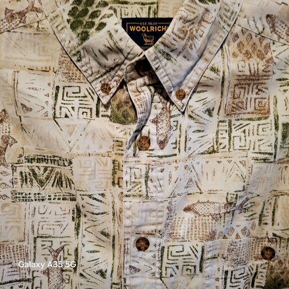 Vintage Woolrich Mens Beige & Green Short-Sleeve Button-Up Shirt With Nature Pri - Picture 4 of 7